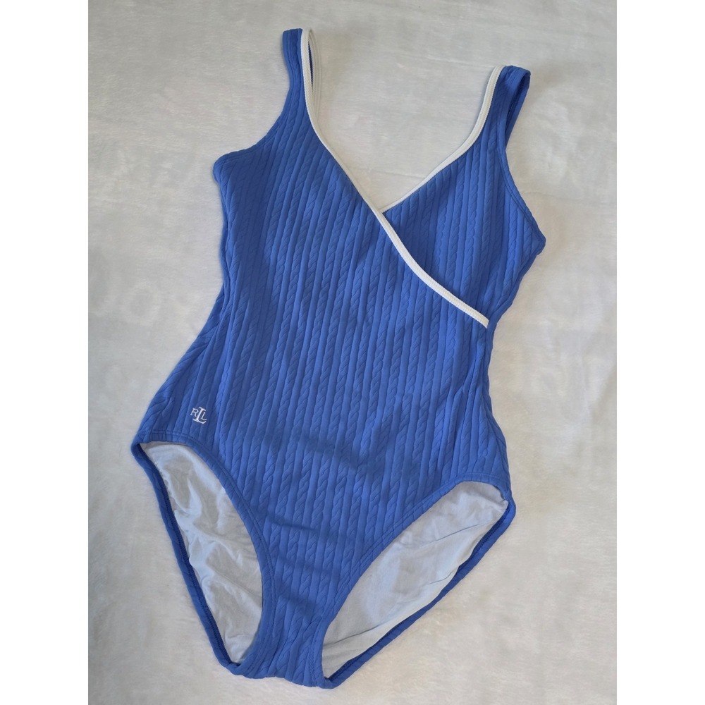 Vintage Lauren Ralph Lauren Womens Size 14 Blue Ribbed One Piece Swimsuit